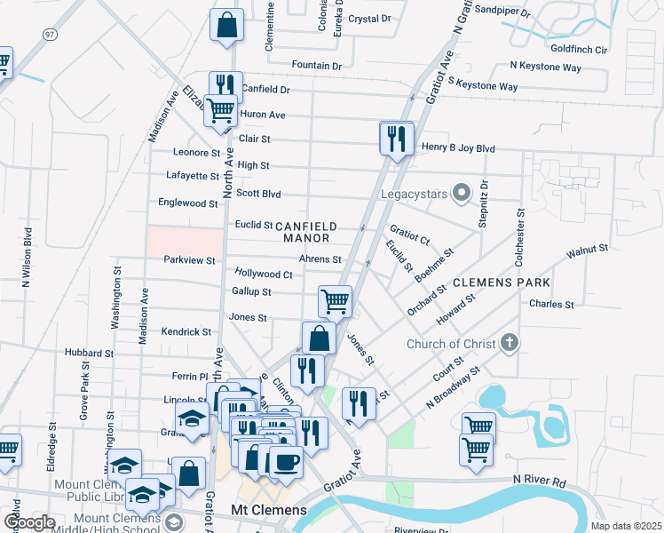 map of restaurants, bars, coffee shops, grocery stores, and more near 28 Moser Place in Mount Clemens