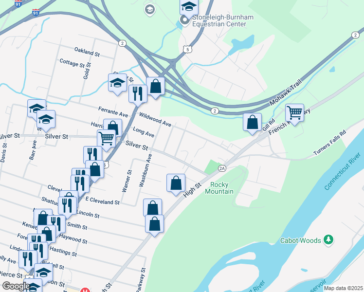 map of restaurants, bars, coffee shops, grocery stores, and more near 15 Eastern Avenue in Greenfield