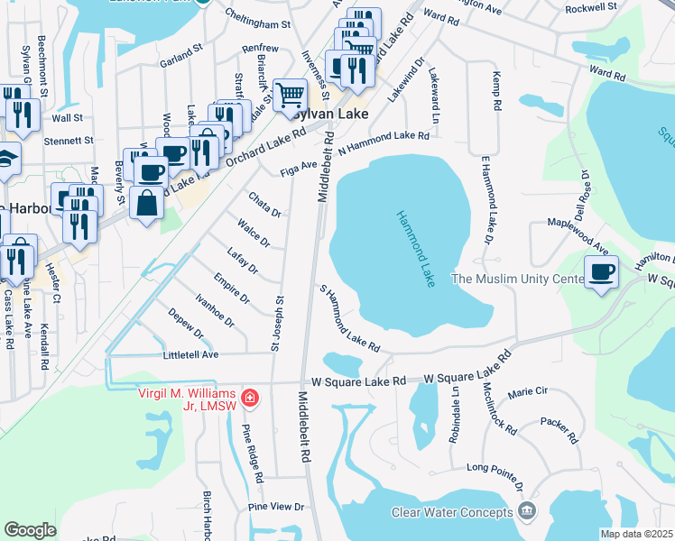 map of restaurants, bars, coffee shops, grocery stores, and more near 2255 Middlebelt Road in West Bloomfield Township