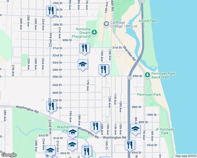 map of restaurants, bars, coffee shops, grocery stores, and more near 1503 35th Street in Kenosha