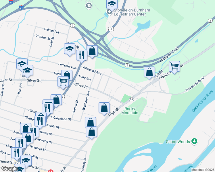 map of restaurants, bars, coffee shops, grocery stores, and more near 15 Eastern Ave in Greenfield