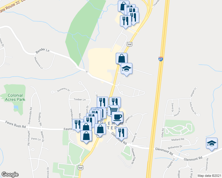 map of restaurants, bars, coffee shops, grocery stores, and more near 347 Route 9W in Glenmont