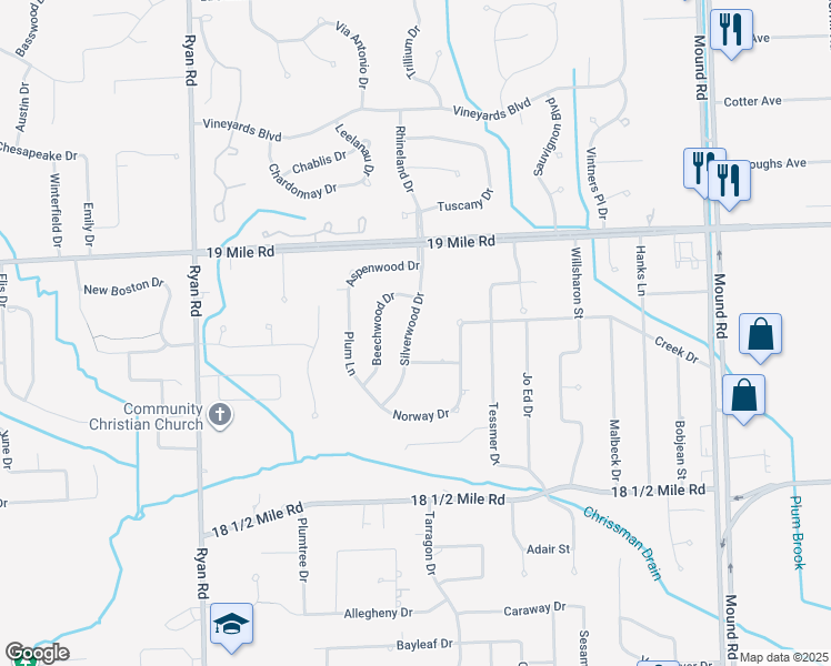 map of restaurants, bars, coffee shops, grocery stores, and more near 42492 Silverwood Drive in Sterling Heights