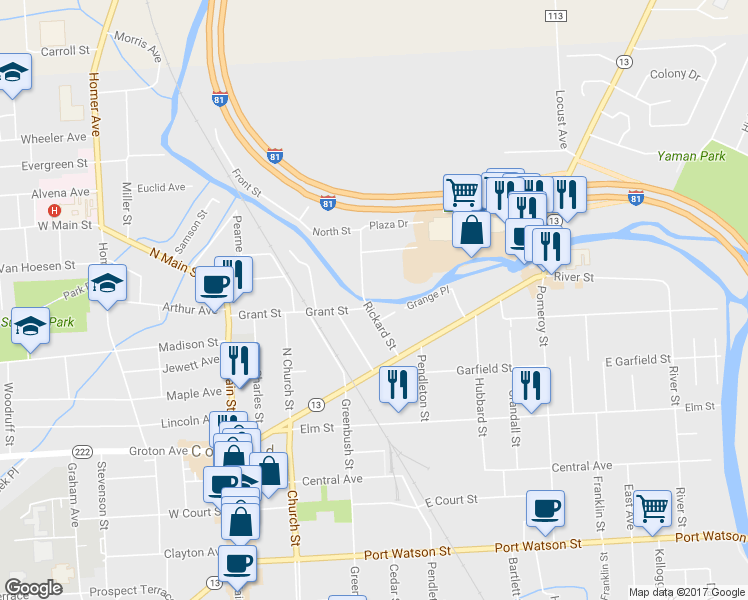 map of restaurants, bars, coffee shops, grocery stores, and more near 27-29 Rickard Street in Cortland