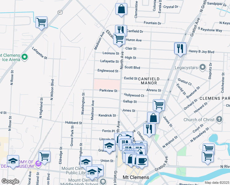 map of restaurants, bars, coffee shops, grocery stores, and more near 11 Parkview Street in Mount Clemens