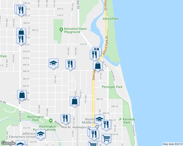 map of restaurants, bars, coffee shops, grocery stores, and more near 3506 Sheridan Road in Kenosha