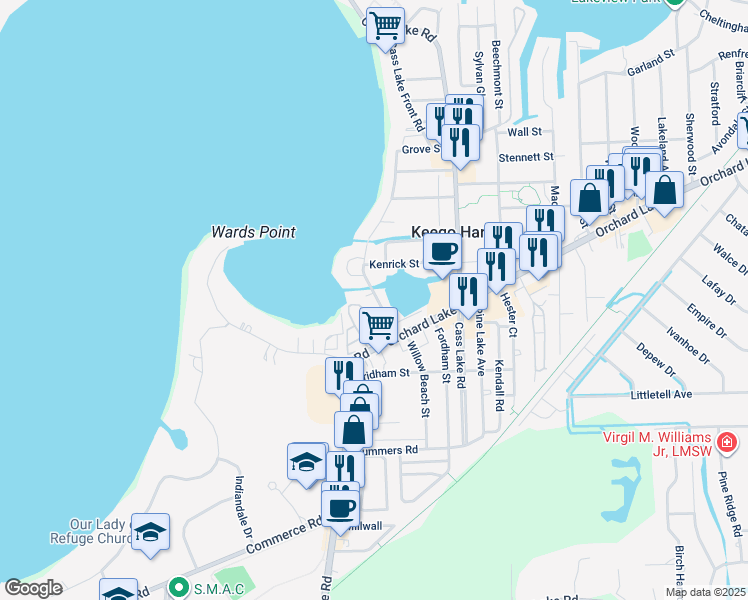 map of restaurants, bars, coffee shops, grocery stores, and more near 2216 Willow Beach Street in Keego Harbor