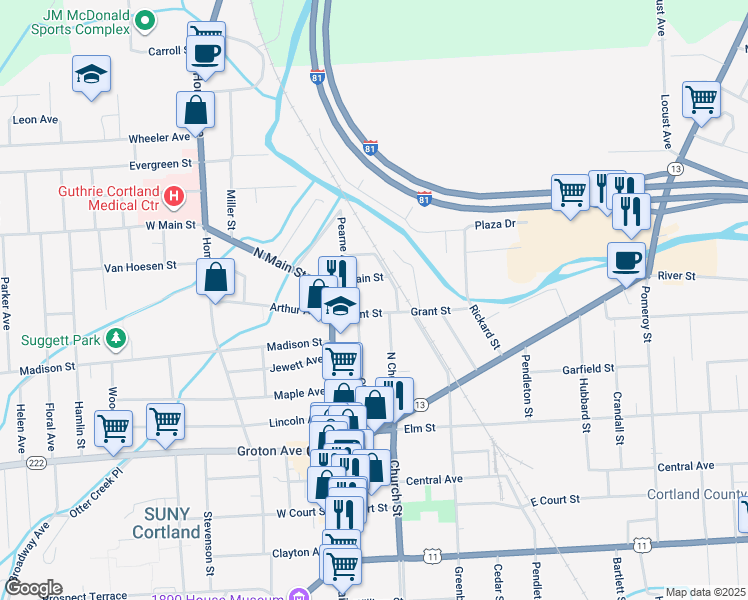 map of restaurants, bars, coffee shops, grocery stores, and more near 22 Grant St in Cortland
