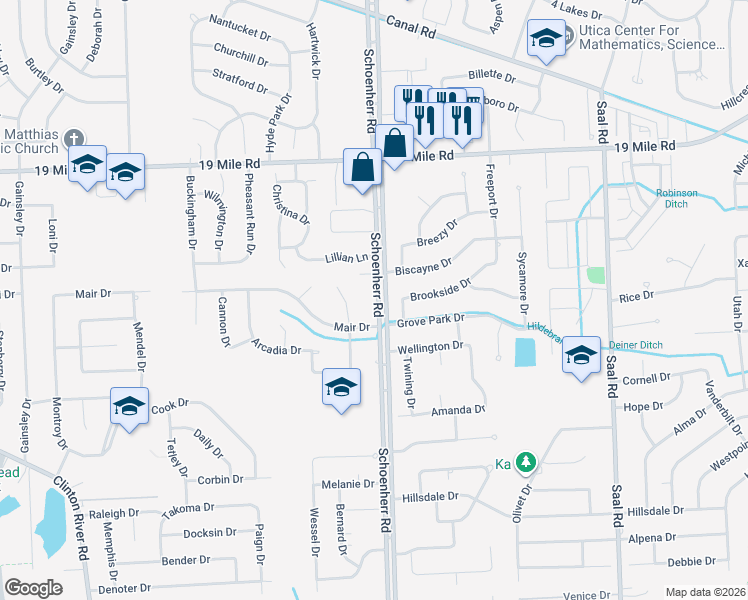 map of restaurants, bars, coffee shops, grocery stores, and more near 42369 Schoenherr Road in Sterling Heights