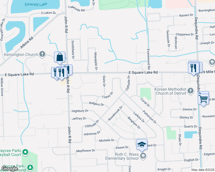 map of restaurants, bars, coffee shops, grocery stores, and more near 5922 Slate Drive in Troy