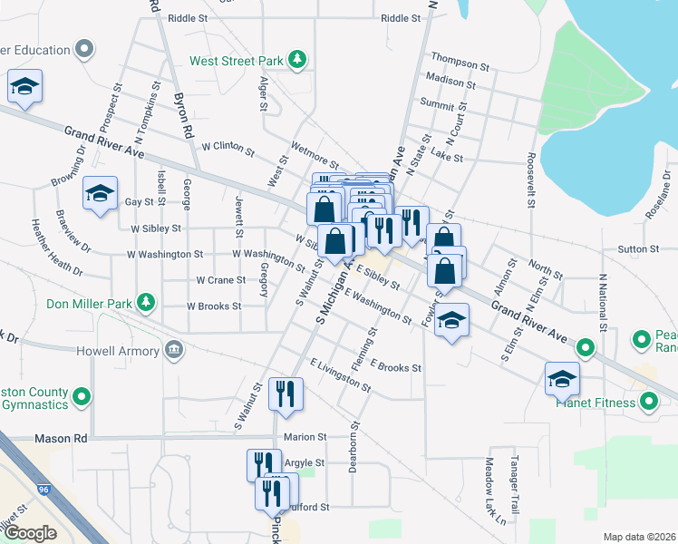 map of restaurants, bars, coffee shops, grocery stores, and more near 110 West Washington Street in Howell
