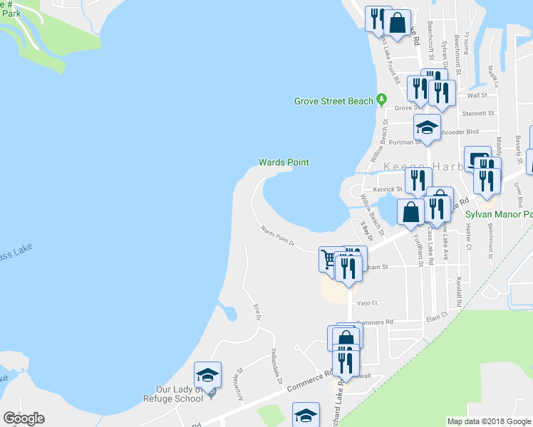 map of restaurants, bars, coffee shops, grocery stores, and more near 3560 Wards Point Drive in West Bloomfield Township