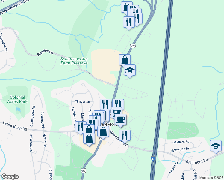 map of restaurants, bars, coffee shops, grocery stores, and more near 347 Route 9W in Glenmont