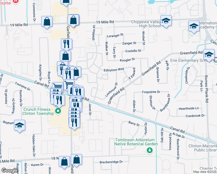 map of restaurants, bars, coffee shops, grocery stores, and more near 42242 Toddmark Lane in Clinton Township