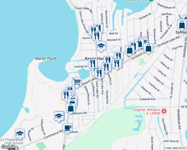map of restaurants, bars, coffee shops, grocery stores, and more near 3000 Orchard Lake Road in Keego Harbor
