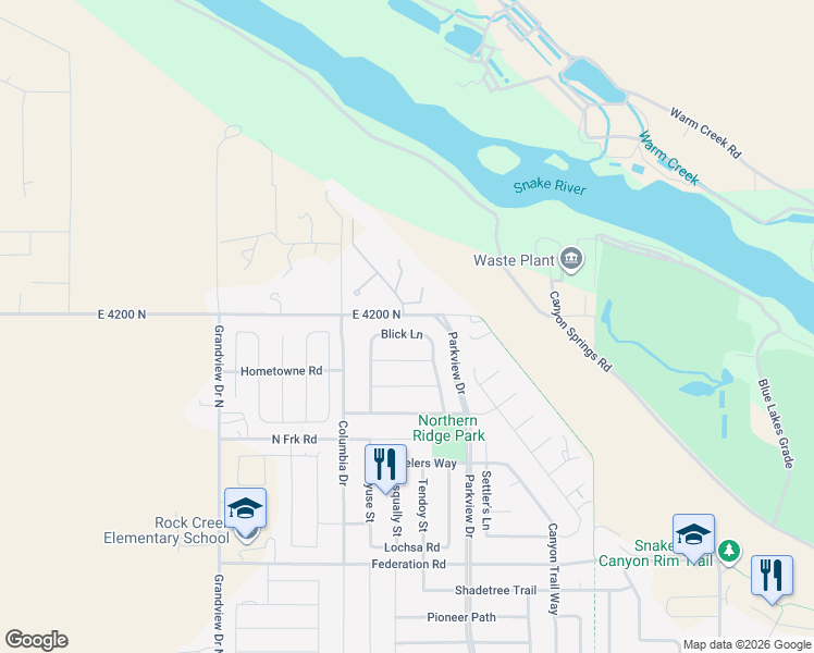 map of restaurants, bars, coffee shops, grocery stores, and more near 2436 Blick Lane in Twin Falls