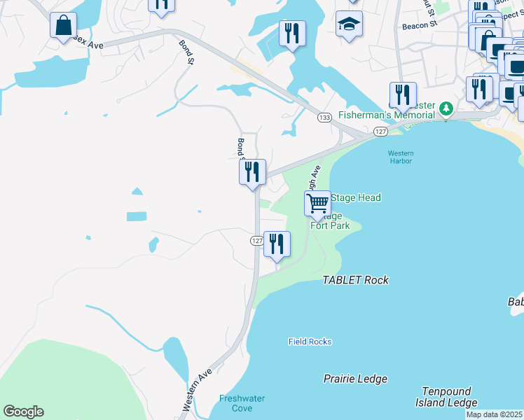 map of restaurants, bars, coffee shops, grocery stores, and more near 110 Western Avenue in Gloucester