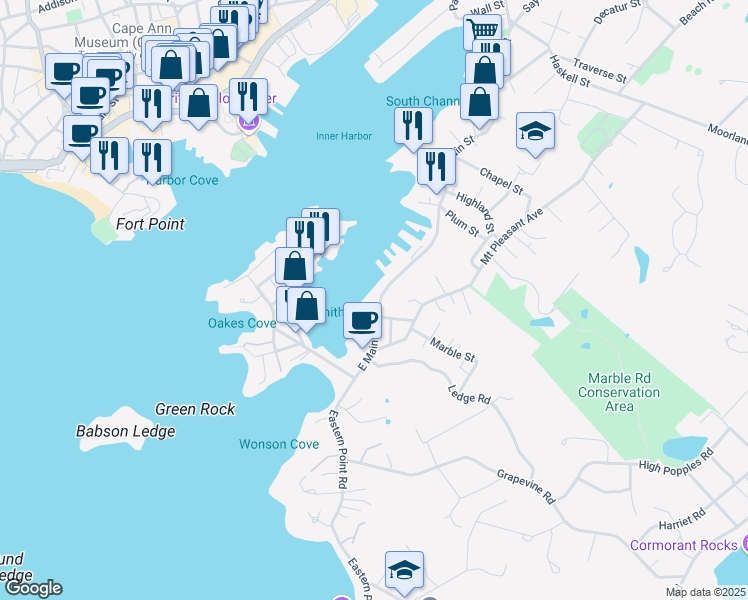 map of restaurants, bars, coffee shops, grocery stores, and more near 249 East Main Street in Gloucester