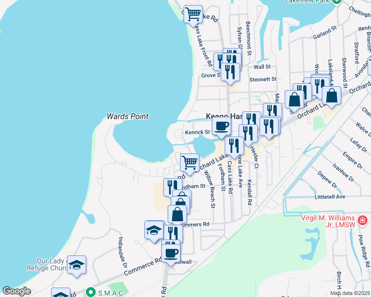 map of restaurants, bars, coffee shops, grocery stores, and more near 2216 Willow Beach Street in Keego Harbor