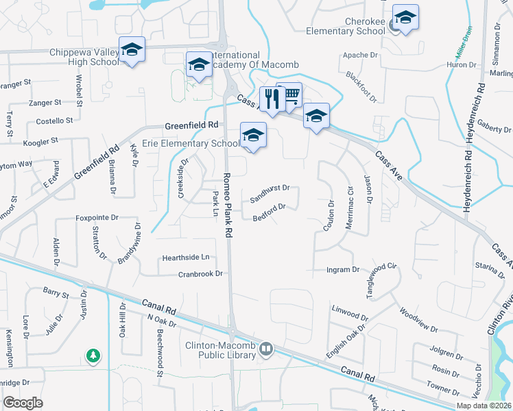map of restaurants, bars, coffee shops, grocery stores, and more near 18780 Sandhurst Drive in Clinton Township