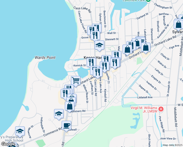 map of restaurants, bars, coffee shops, grocery stores, and more near 3000 Orchard Lake Road in Keego Harbor