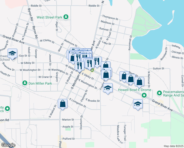 map of restaurants, bars, coffee shops, grocery stores, and more near 307 East Grand River Road in Howell