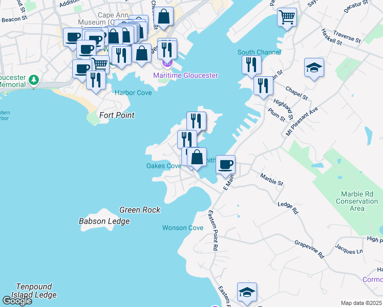 map of restaurants, bars, coffee shops, grocery stores, and more near 43 Rocky Neck Avenue in Gloucester