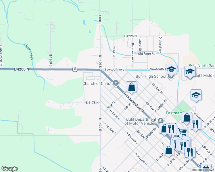 map of restaurants, bars, coffee shops, grocery stores, and more near 912 11th Avenue North in Buhl