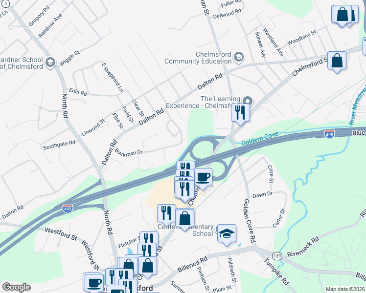 map of restaurants, bars, coffee shops, grocery stores, and more near 25 Buckman Drive in Chelmsford