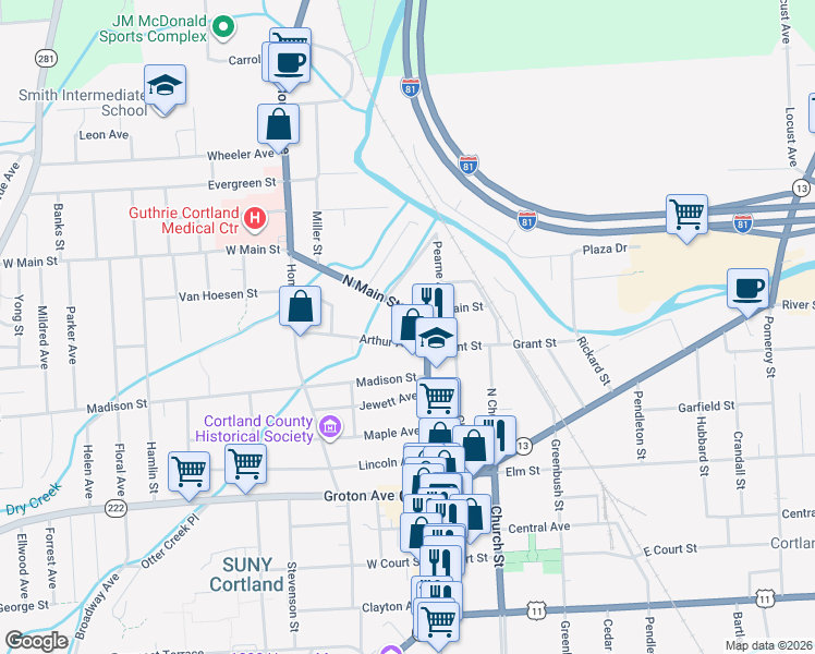 map of restaurants, bars, coffee shops, grocery stores, and more near 14 Arthur Avenue in Cortland