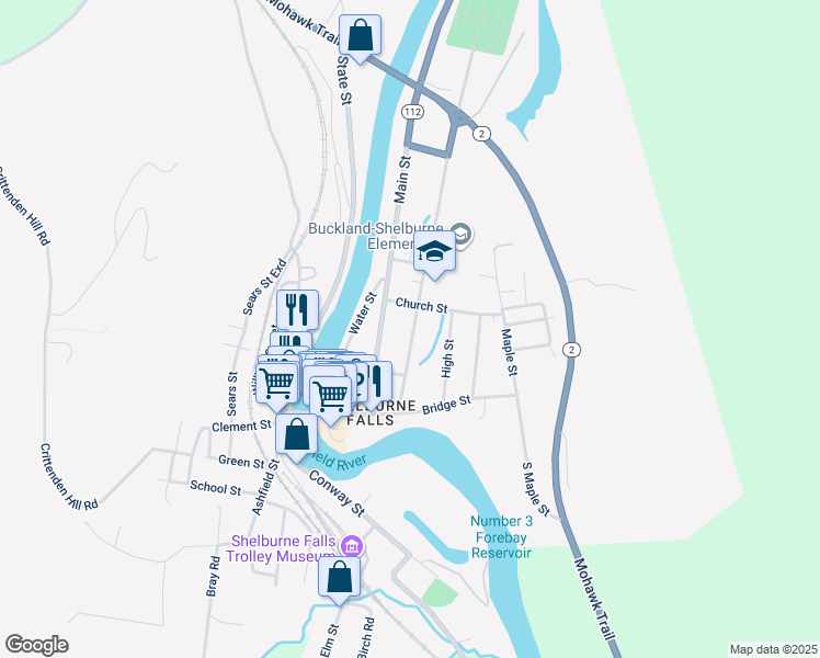 map of restaurants, bars, coffee shops, grocery stores, and more near 36 Mechanic Street in Shelburne Falls
