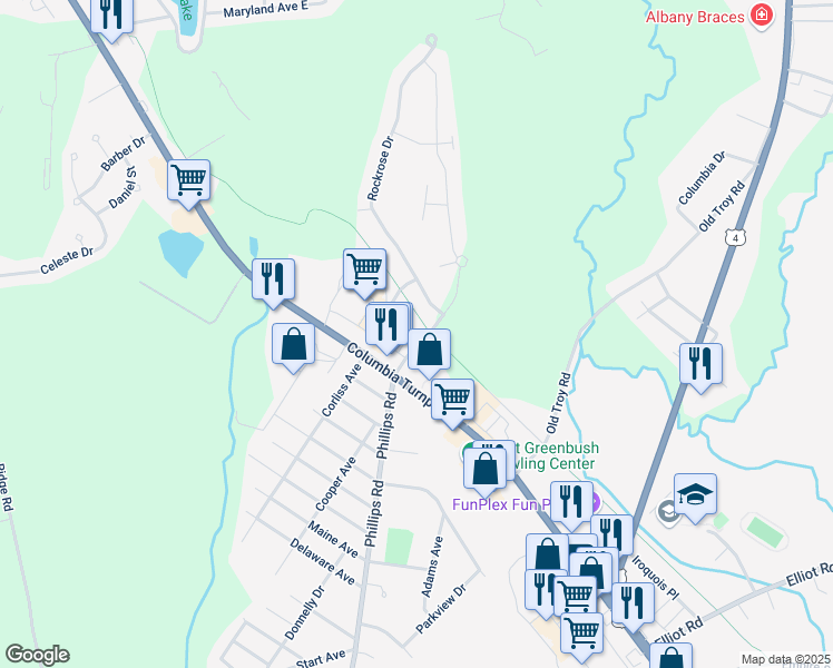 map of restaurants, bars, coffee shops, grocery stores, and more near 13 Forrest Drive in Rensselaer