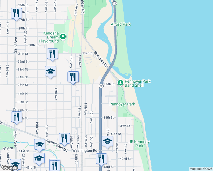map of restaurants, bars, coffee shops, grocery stores, and more near 7th Avenue in Kenosha