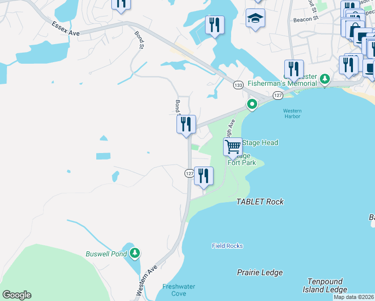 map of restaurants, bars, coffee shops, grocery stores, and more near 110 Western Avenue in Gloucester