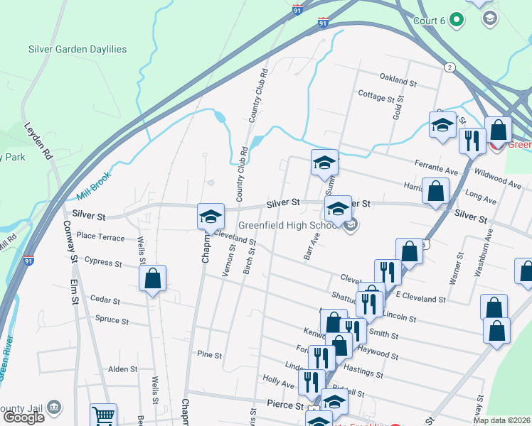 map of restaurants, bars, coffee shops, grocery stores, and more near 115 Birch Street in Greenfield