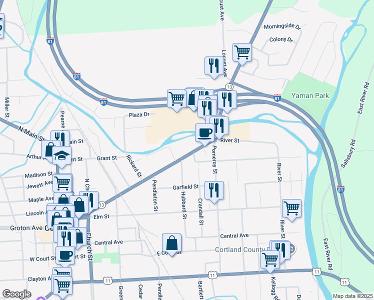 map of restaurants, bars, coffee shops, grocery stores, and more near 130 New York 13 in Cortland