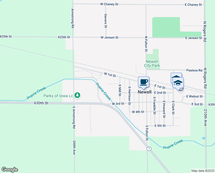 map of restaurants, bars, coffee shops, grocery stores, and more near 147 Cedar Street in Newell