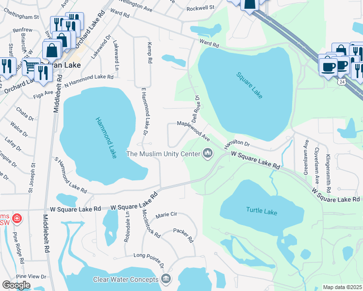 map of restaurants, bars, coffee shops, grocery stores, and more near 1993 Dell Rose Drive in Bloomfield Township