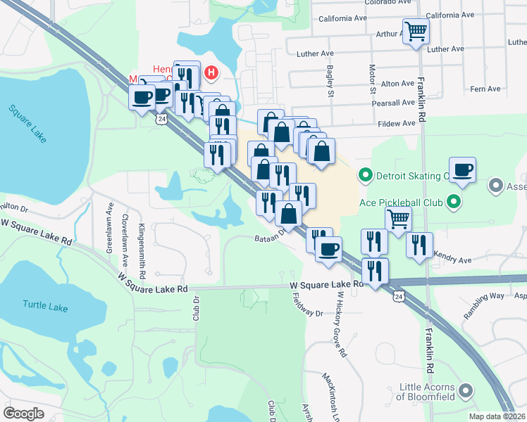map of restaurants, bars, coffee shops, grocery stores, and more near 2242 South Telegraph Road in Bloomfield Hills