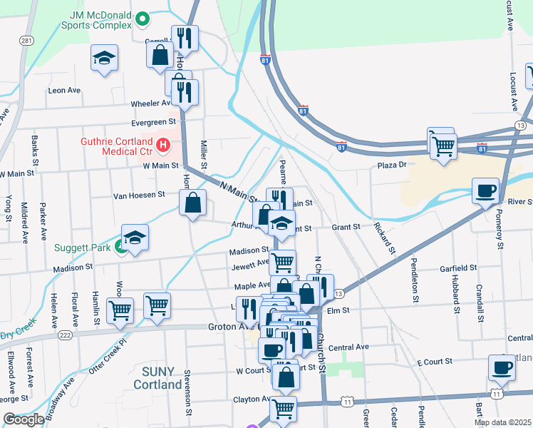 map of restaurants, bars, coffee shops, grocery stores, and more near 84 North Main Street in Cortland