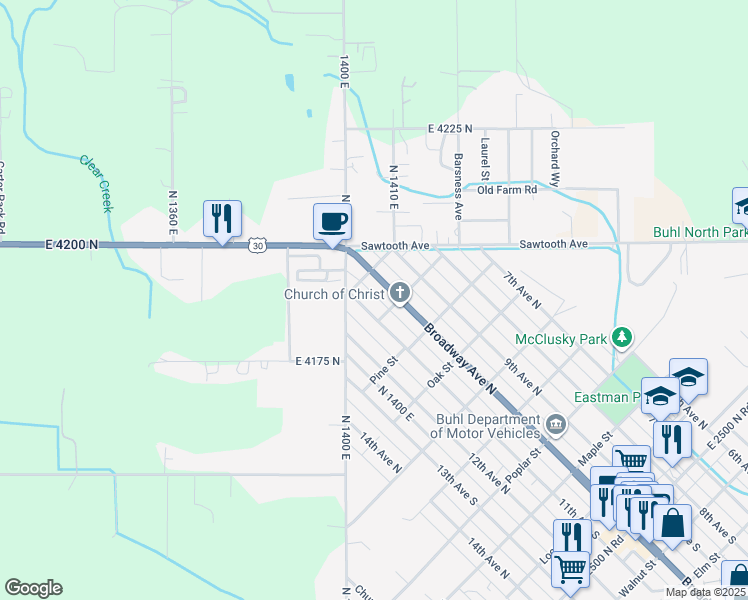map of restaurants, bars, coffee shops, grocery stores, and more near 912 11th Ave N in Buhl