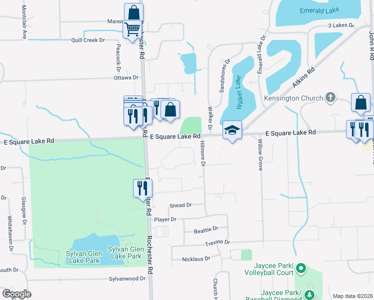 map of restaurants, bars, coffee shops, grocery stores, and more near 1171 Fairways Boulevard in Troy