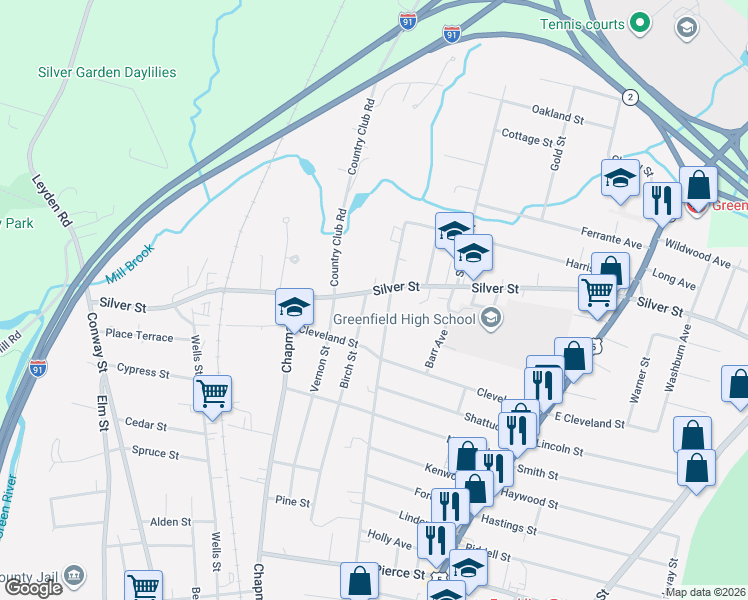 map of restaurants, bars, coffee shops, grocery stores, and more near 260 Silver Street in Greenfield