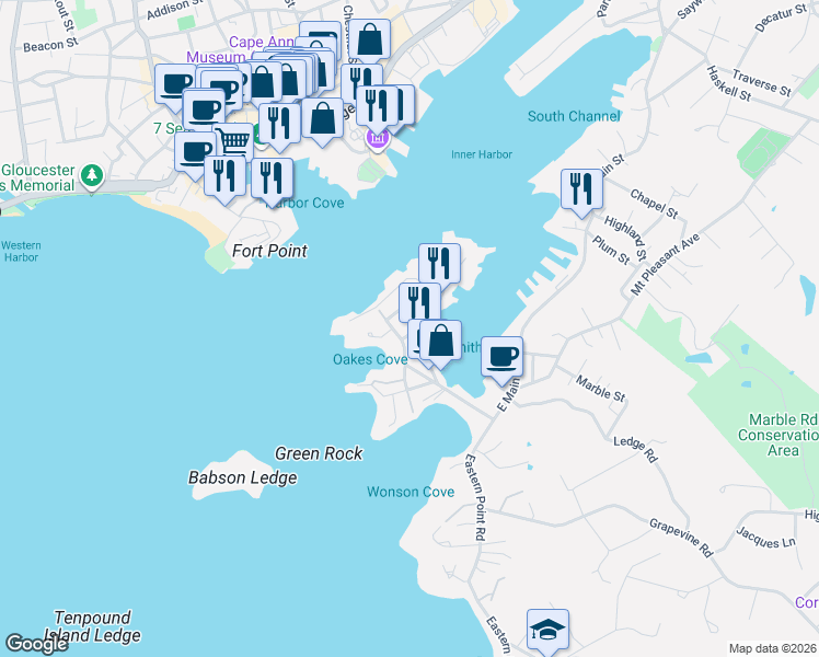 map of restaurants, bars, coffee shops, grocery stores, and more near 43 Rocky Neck Avenue in Gloucester