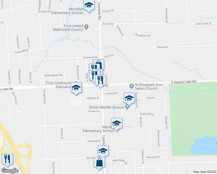 map of restaurants, bars, coffee shops, grocery stores, and more near in Troy