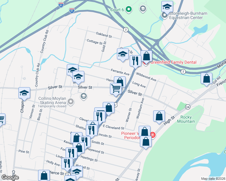 map of restaurants, bars, coffee shops, grocery stores, and more near 19 Dickinson Street in Greenfield