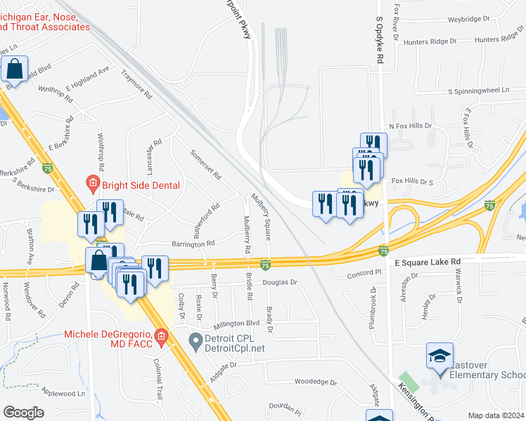 map of restaurants, bars, coffee shops, grocery stores, and more near 2377 Mulberry Square in Bloomfield Township