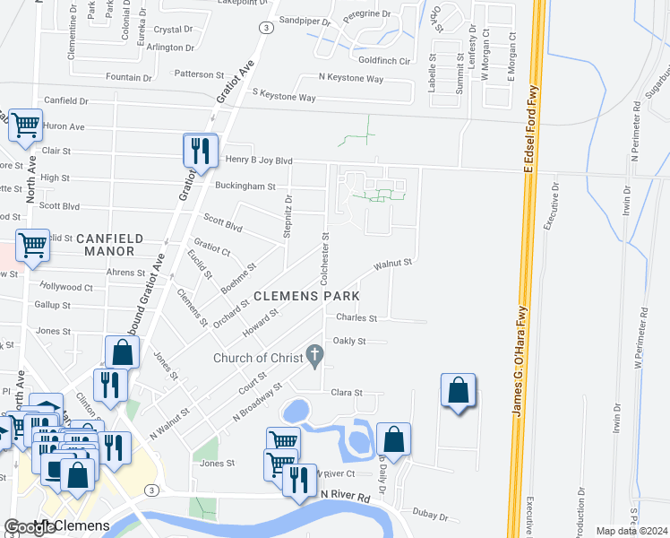 map of restaurants, bars, coffee shops, grocery stores, and more near 42700 Colchester Street in Charter Township of Clinton