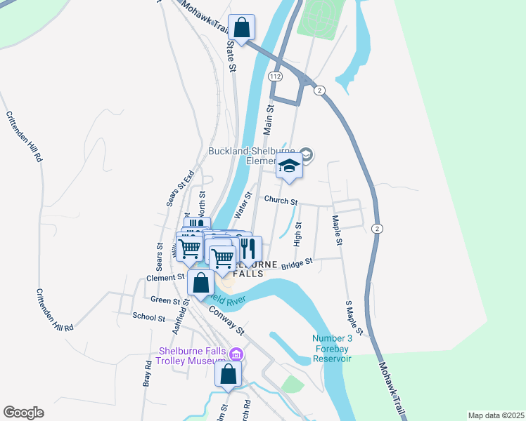 map of restaurants, bars, coffee shops, grocery stores, and more near 36 Mechanic Street in Shelburne Falls