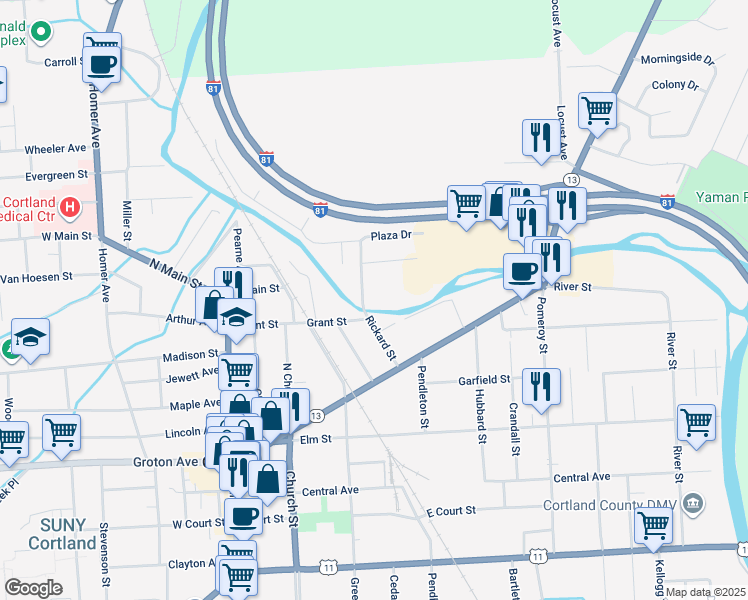 map of restaurants, bars, coffee shops, grocery stores, and more near 27-29 Rickard Street in Cortland